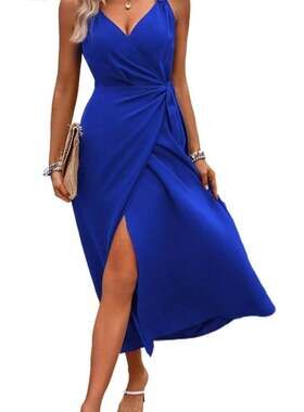 Scobe Royal Blue Spaghetti Strap Faux Wrap Midi Dress with Tulip Hem